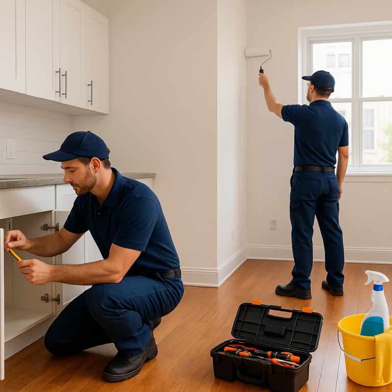 Two professionals working on home renovation; one is painting, and the other is measuring.
